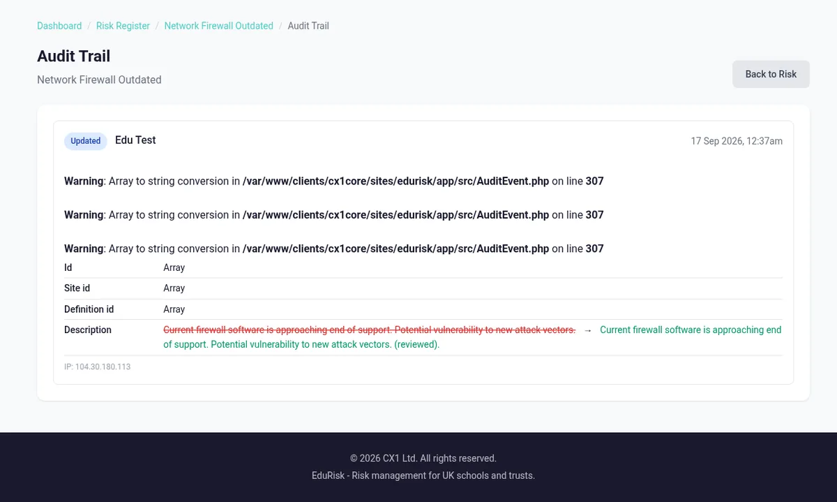 EduRisk audit trail showing timestamped change history with user attribution for a risk entry